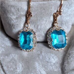 Elegant Blue Glass and CZ Gemstone Earrings